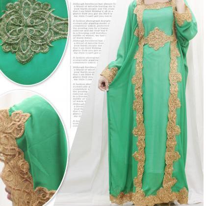 Full Embroidery Maxi Wedding Kaftan Dress Green..