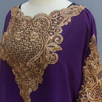 Gold Embroidery Kaftan Purple Tunic Caftan Dress..