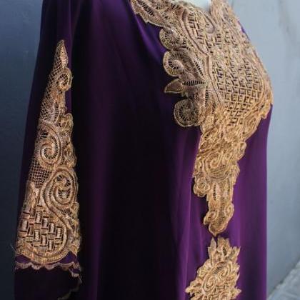 Gold Embroidery Kaftan Purple Tunic Caftan Dress..
