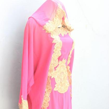 Embroidery Abaya Maxi Dress Kaftan Wedding Pink..