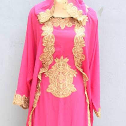 Embroidery Abaya Maxi Dress Kaftan Wedding Pink..