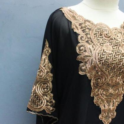 Gold Embroidery Kaftan Black Tunic Caftan Dress..