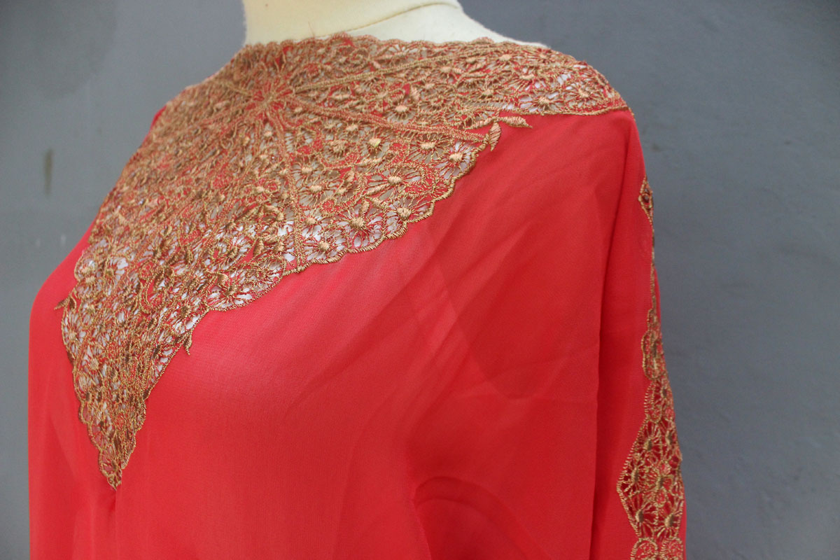 Fancy Red Caftan Dress Chiffon Embroidery Wedding Summer Party Kaftan