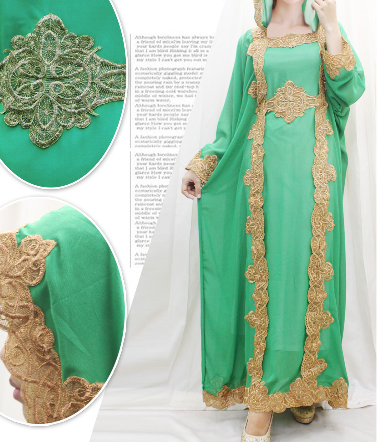 Full Embroidery Maxi Wedding Kaftan Dress Green Hoodie Chiffon Caftan