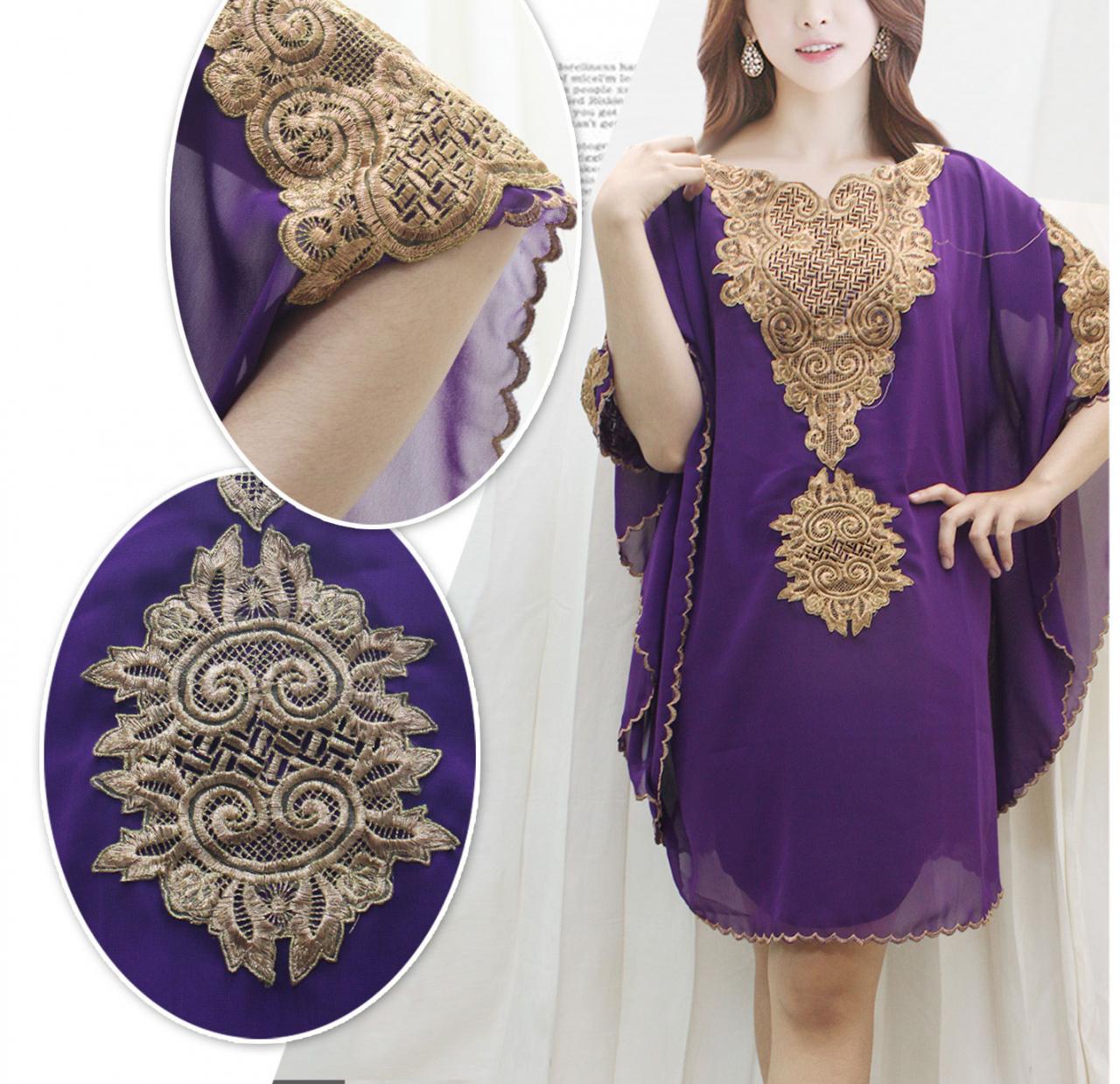 Gold Embroidery Kaftan Purple Tunic Caftan Dress Wedding Party Summer