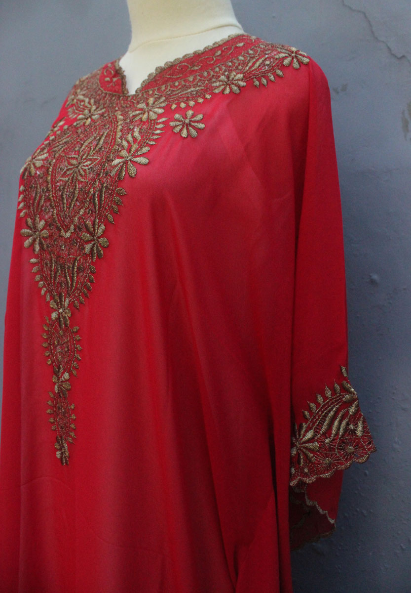 Elegant Red Caftan Dress Chiffon Wedding Summer Party Kaftan Embroidery Dress