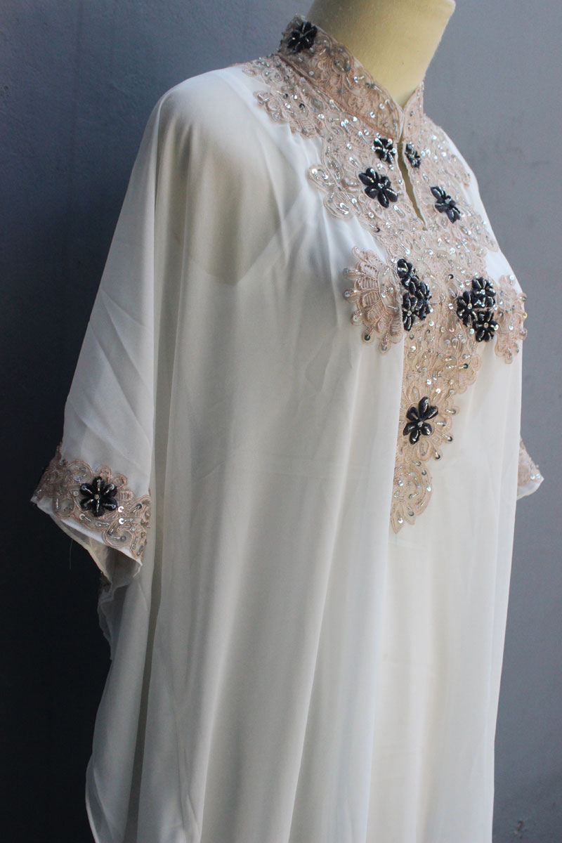 Petite Chiffon Wedding Summer Party Maxi Kaftan Dress White Caftan Sequin Dress Embroidery