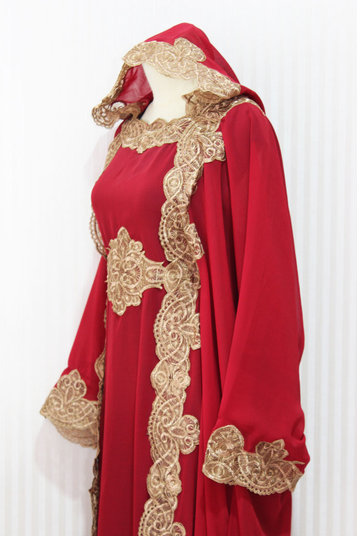 Red Maroon Hoodie Caftan Dress Petite Sheer Chiffon Wedding Kaftan Maxi Dress Dubai Gold Embroidery