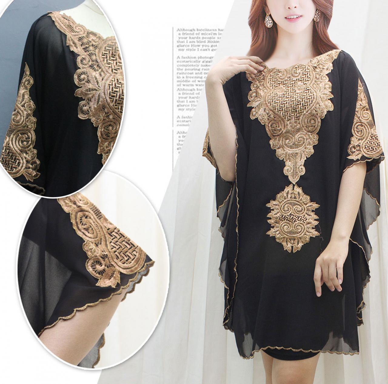 Gold Embroidery Kaftan Black Tunic Caftan Dress Wedding Party Summer