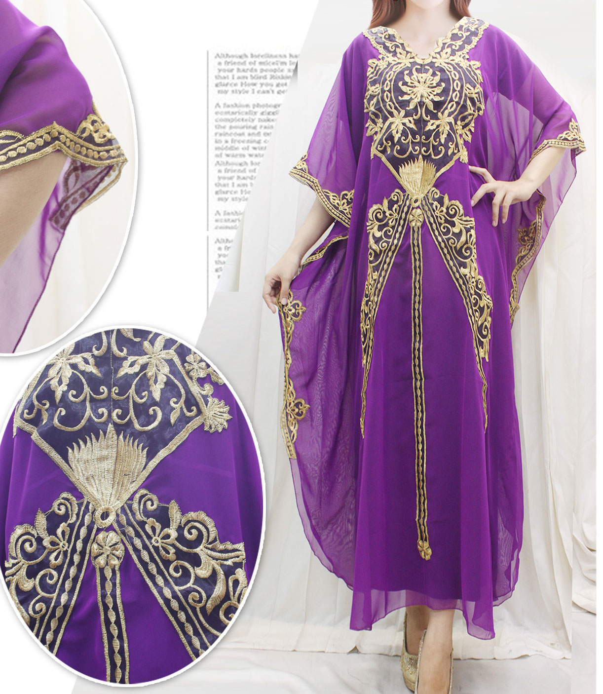 Fancy Maxi Dress Wedding Kaftan Dress Purple Chiffon Caftan Embroidery